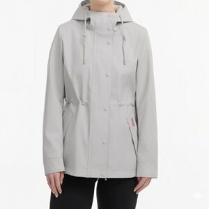 Hunter Abbey Short Rubberized Rain Jacket Light Gray Medium Waterproof Coat
